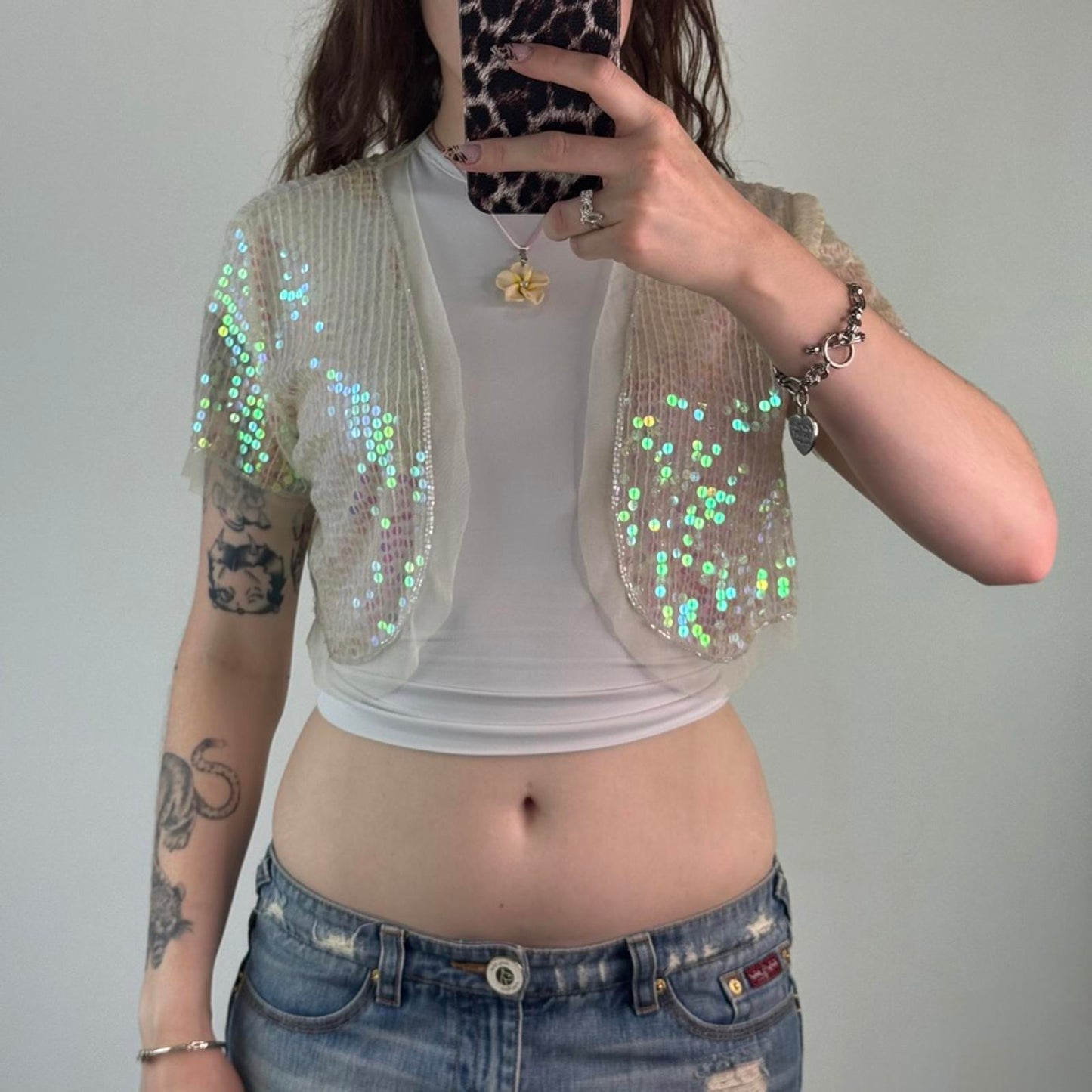 Y2K vintage sequin embellished mesh open front cropped cardigan short sleeve