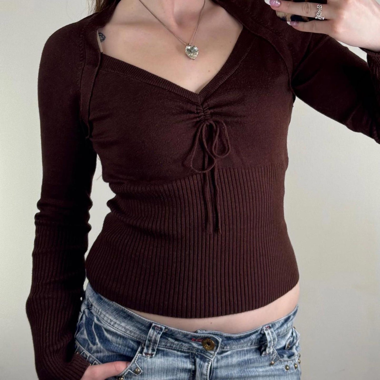 Y2K vintage Jane Norman jumper v neck fine knit long sleeve bow ruched fitted
