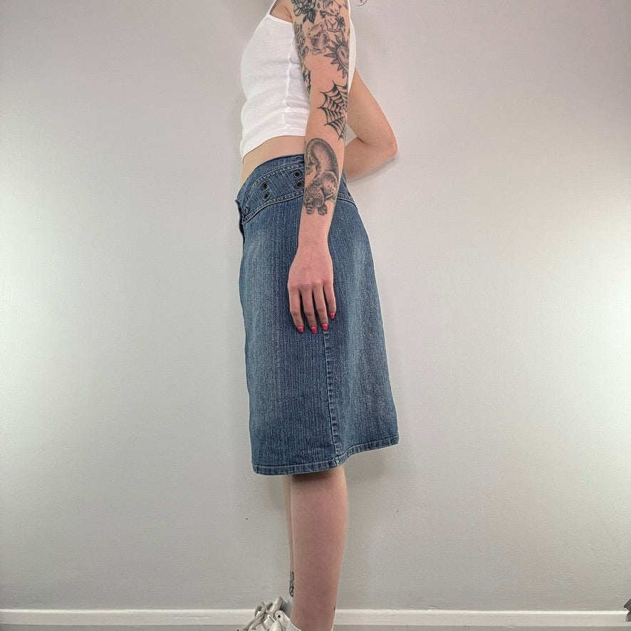 Y2K Bay grommet denim midi skirt