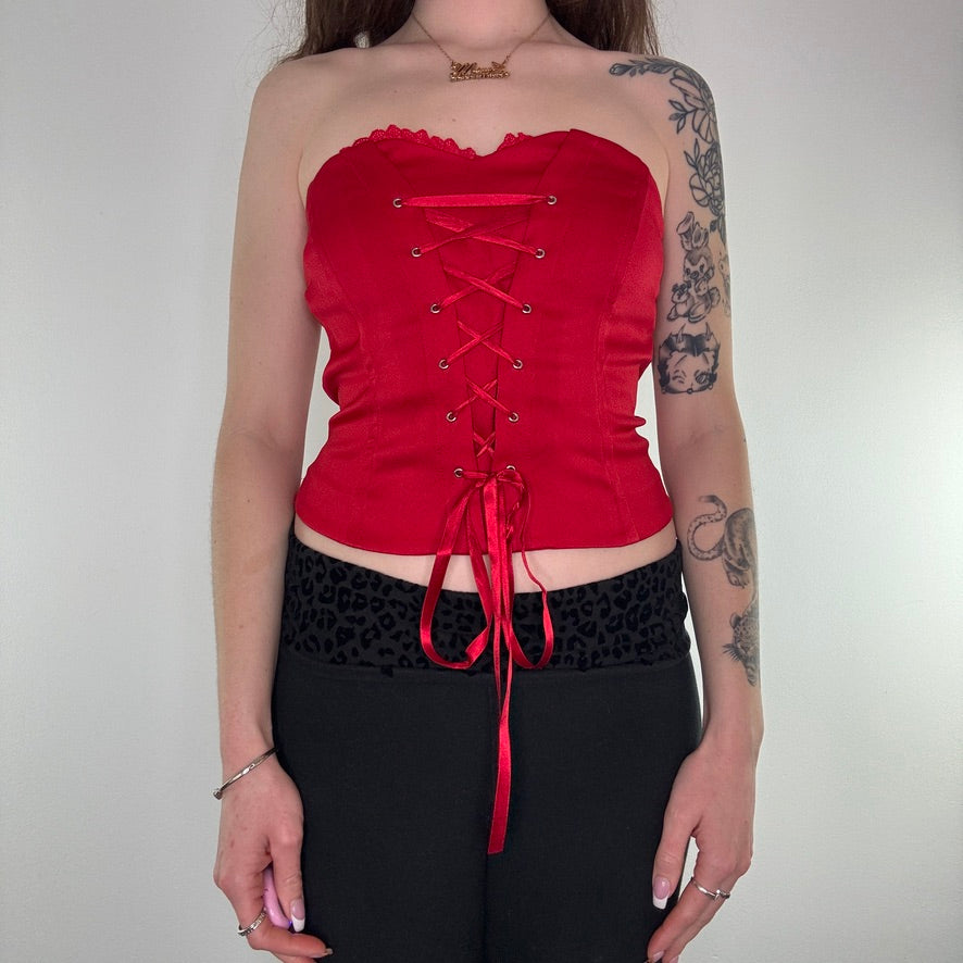 Y2K boned lace up frilly strapless top