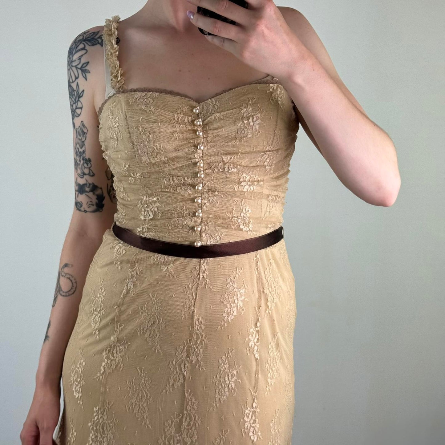 Y2K vintage coquette lace ruched midi dress adjustable bow ruffle asymmetrical