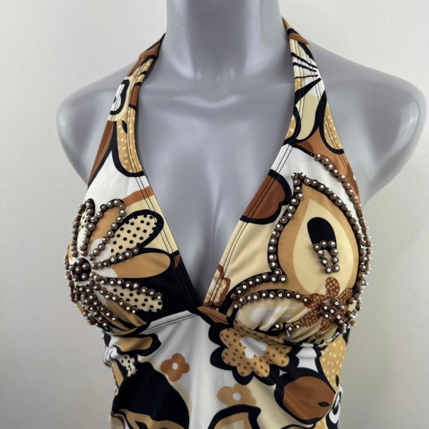 Y2K vintage halter neck swimwear top v neck padded bust beaded floral pattern