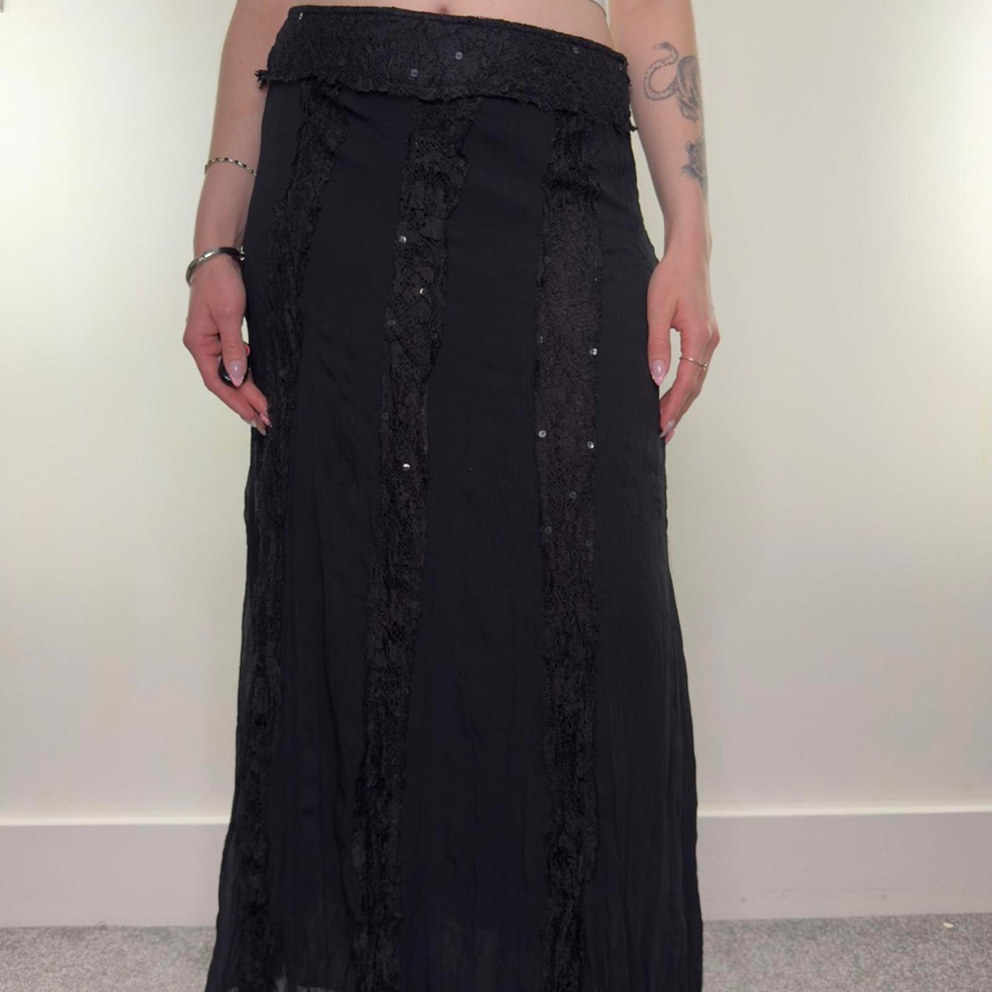 Y2K vintage lace stripe sequin trim maxi skirt double layer lightweight boho