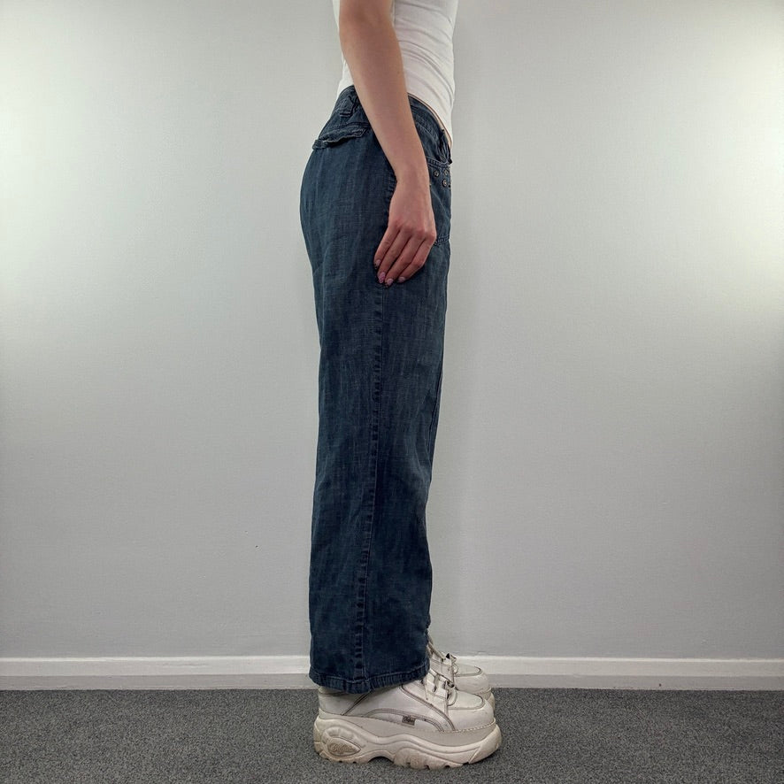 Y2K denim studded rhinestone wide leg trousers