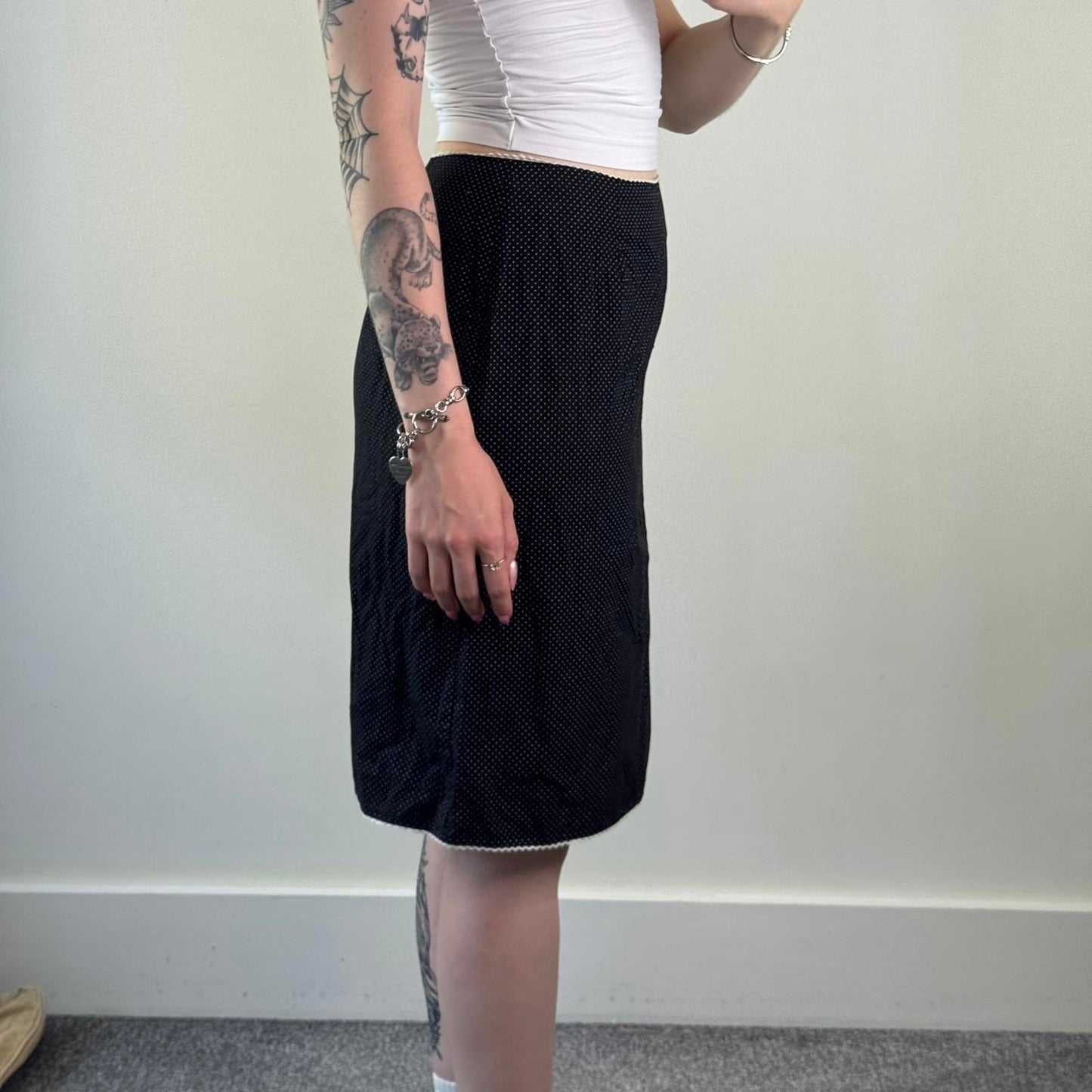 Y2K vintage polka dot midi skirt white trim black knee length spotty high waist