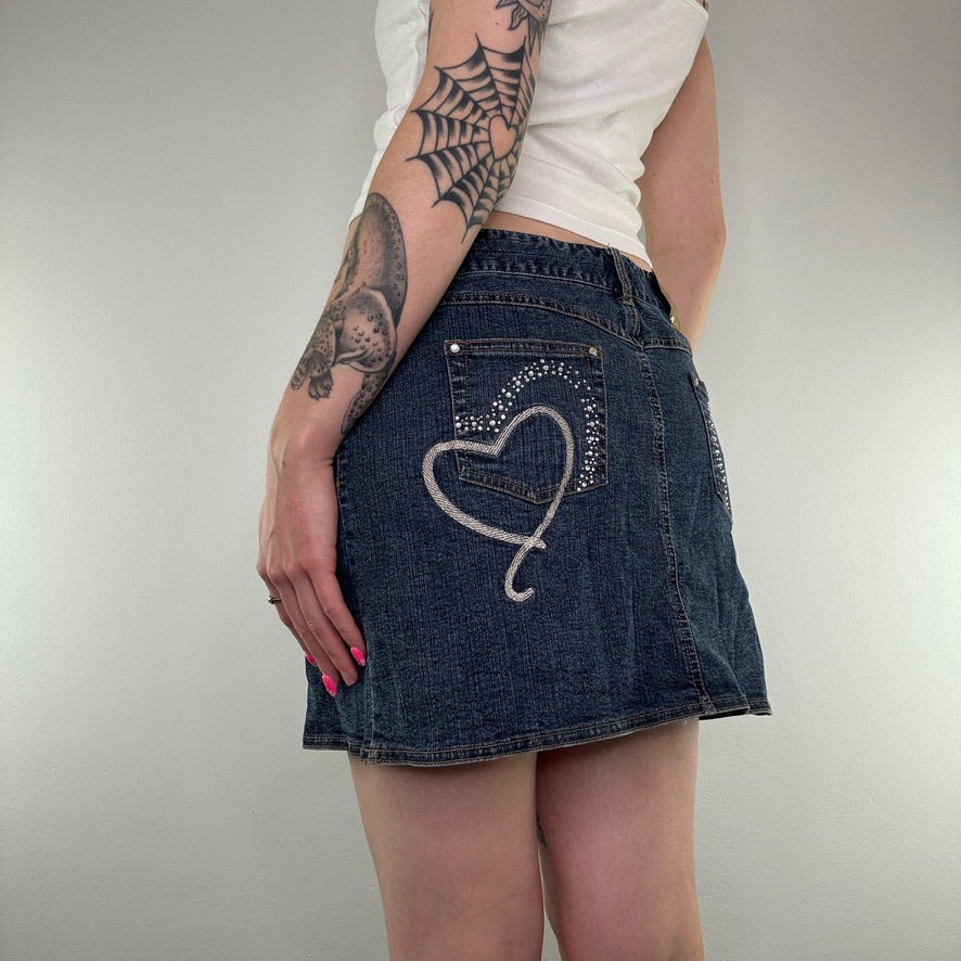 Y2K denim heart rhinestone embroidery mini skirt