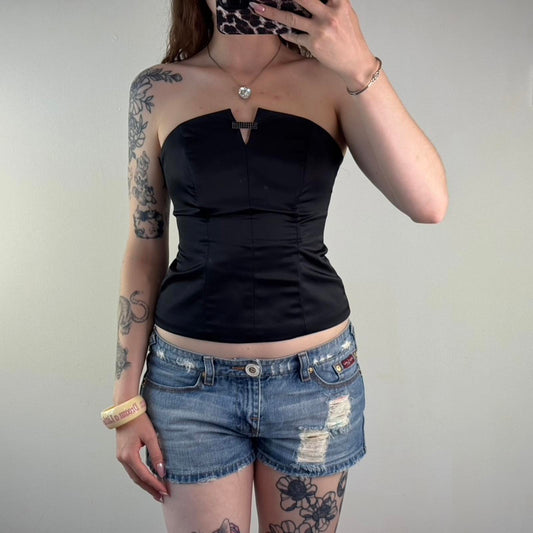 Y2K vintage boned satin strapless fitted top rhinestone v bust black cinched
