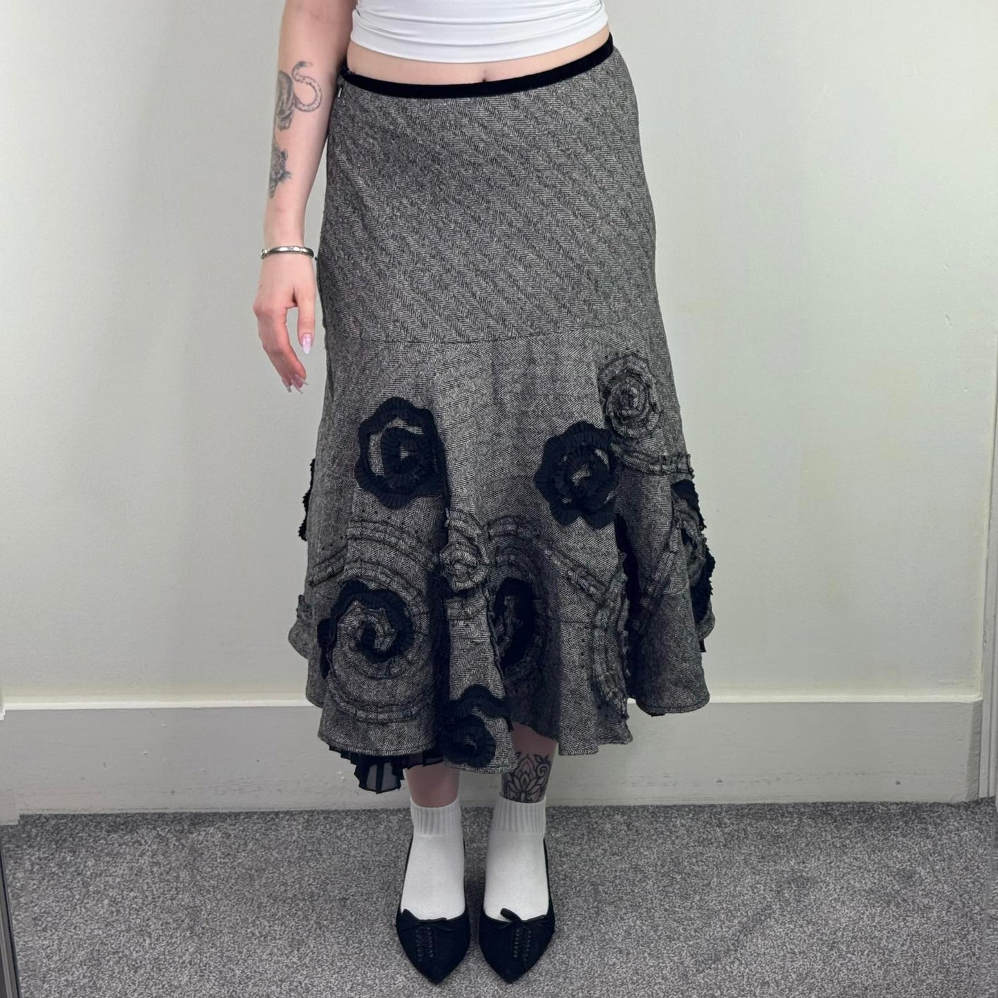 Y2K vintage Per Una wool blend maxi skirt a line frill hem pleated herringbone