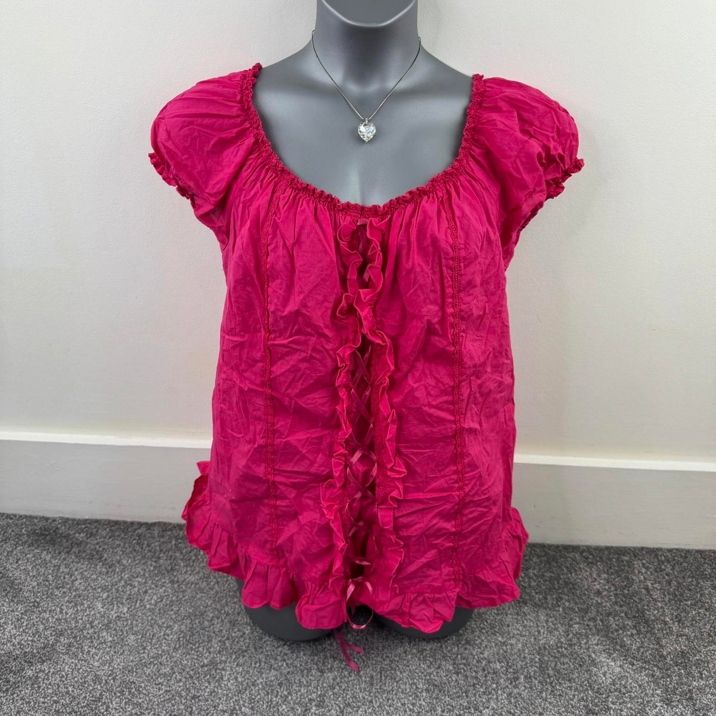 Y2K vintage stretchy milkmaid hot pink top cap sleeve lace up frill frilly