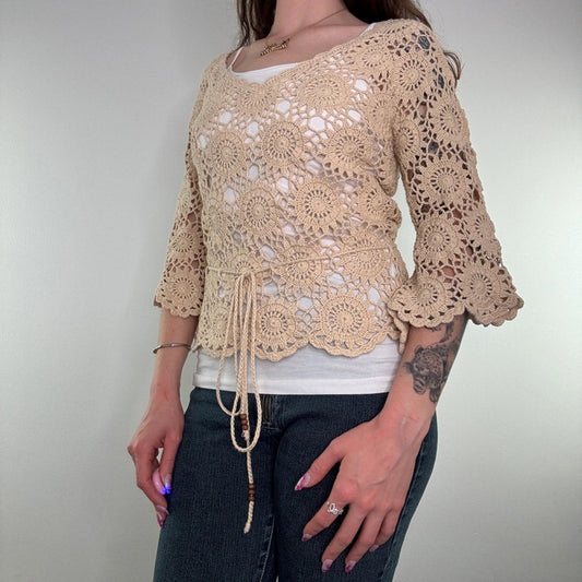 Y2K vintage crochet half sleeve bow top drawstring waist sheer floral cream