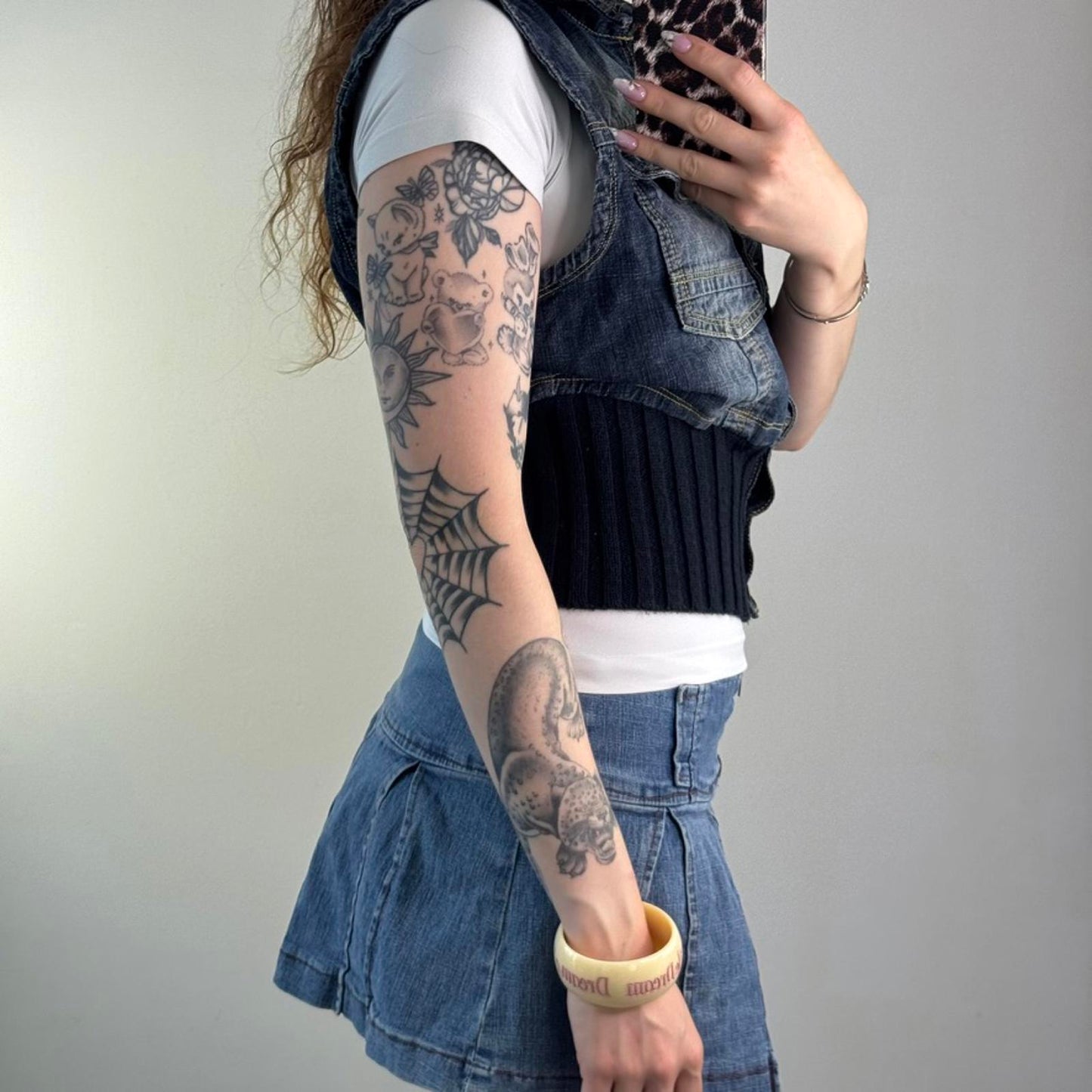 Y2K vintage faded denim sleeveless jacket knit waistband cropped short length