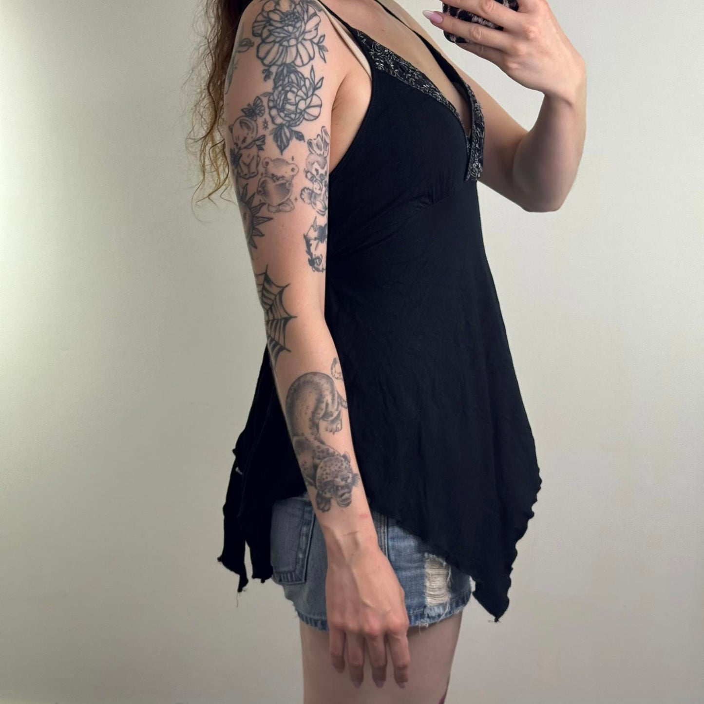 Y2K vintage flowy cami top floral beaded ruched tie back bow ruffle strappy