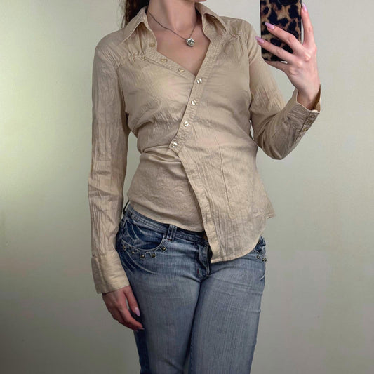 Y2K vintage blouse asymmetrical stretchy v neck ruched fitted shirt long sleeve