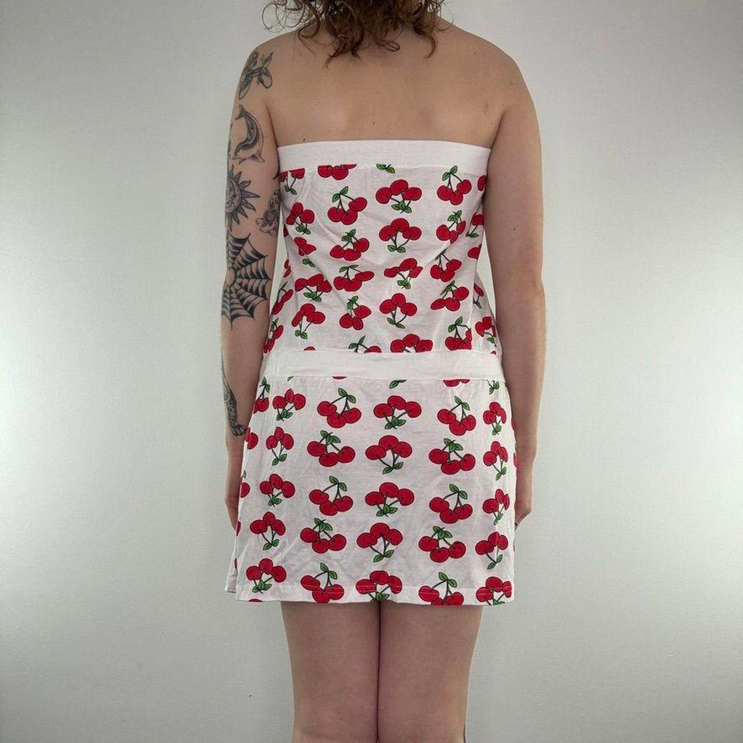 Y2K vintage cherry strapless mini dress stretchy jersey bow cherries print