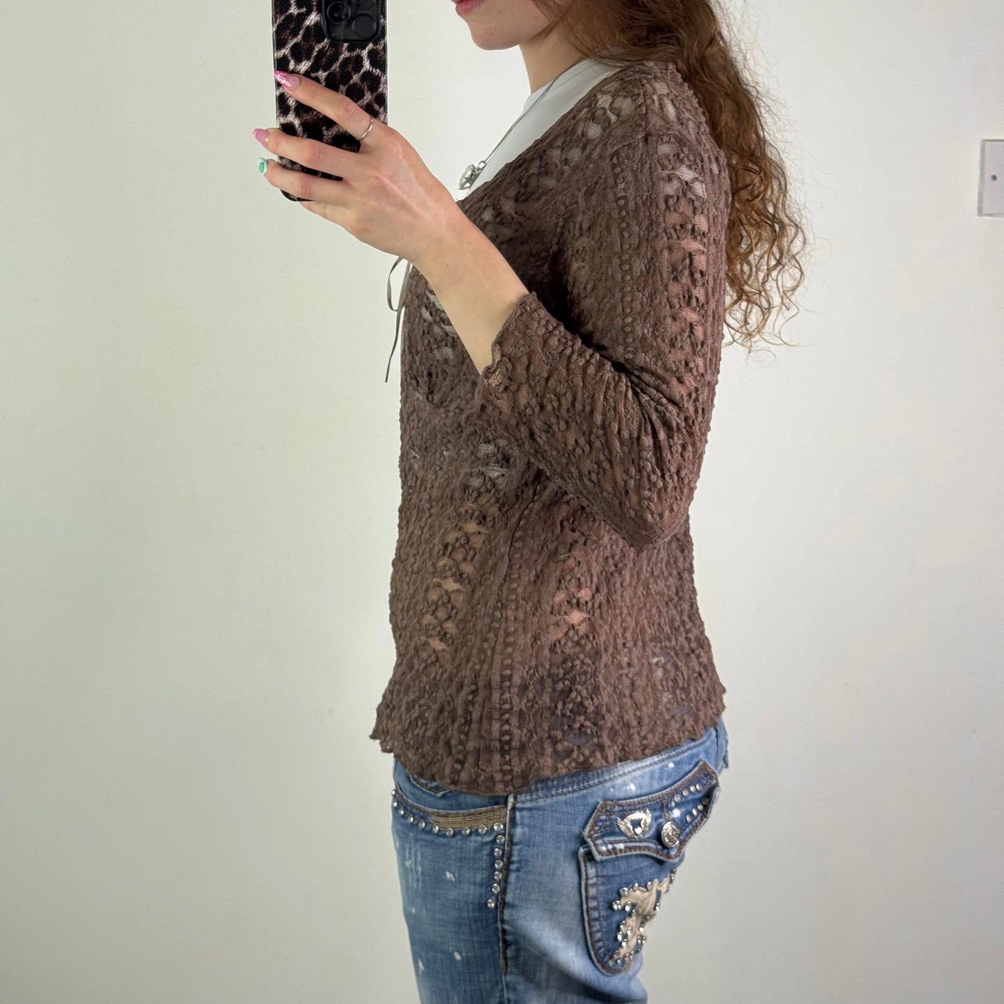 Y2K vintage mesh lace 3/4 sleeve top bust bow keyhole round deep neckline sheer