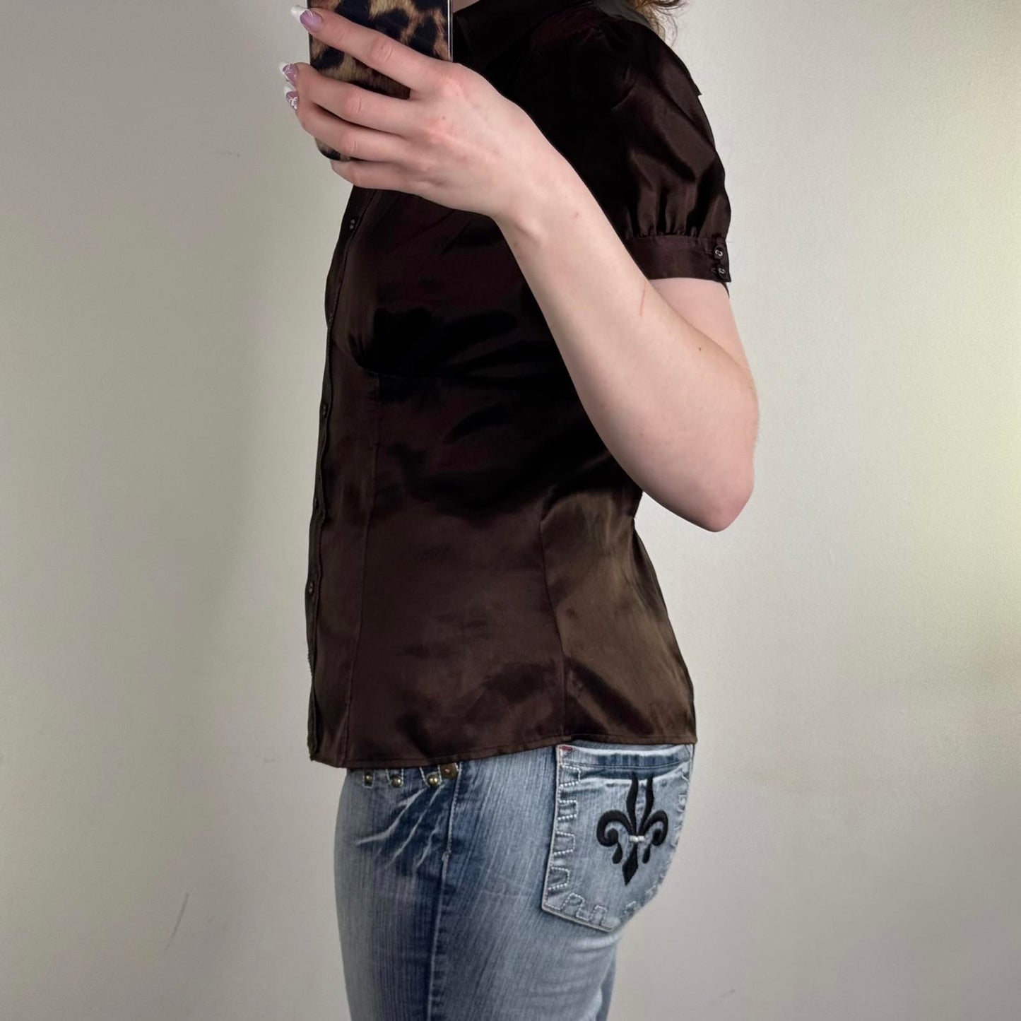 Y2K vintage blouse button up fitted cap short sleeve satin ruched shirt brown