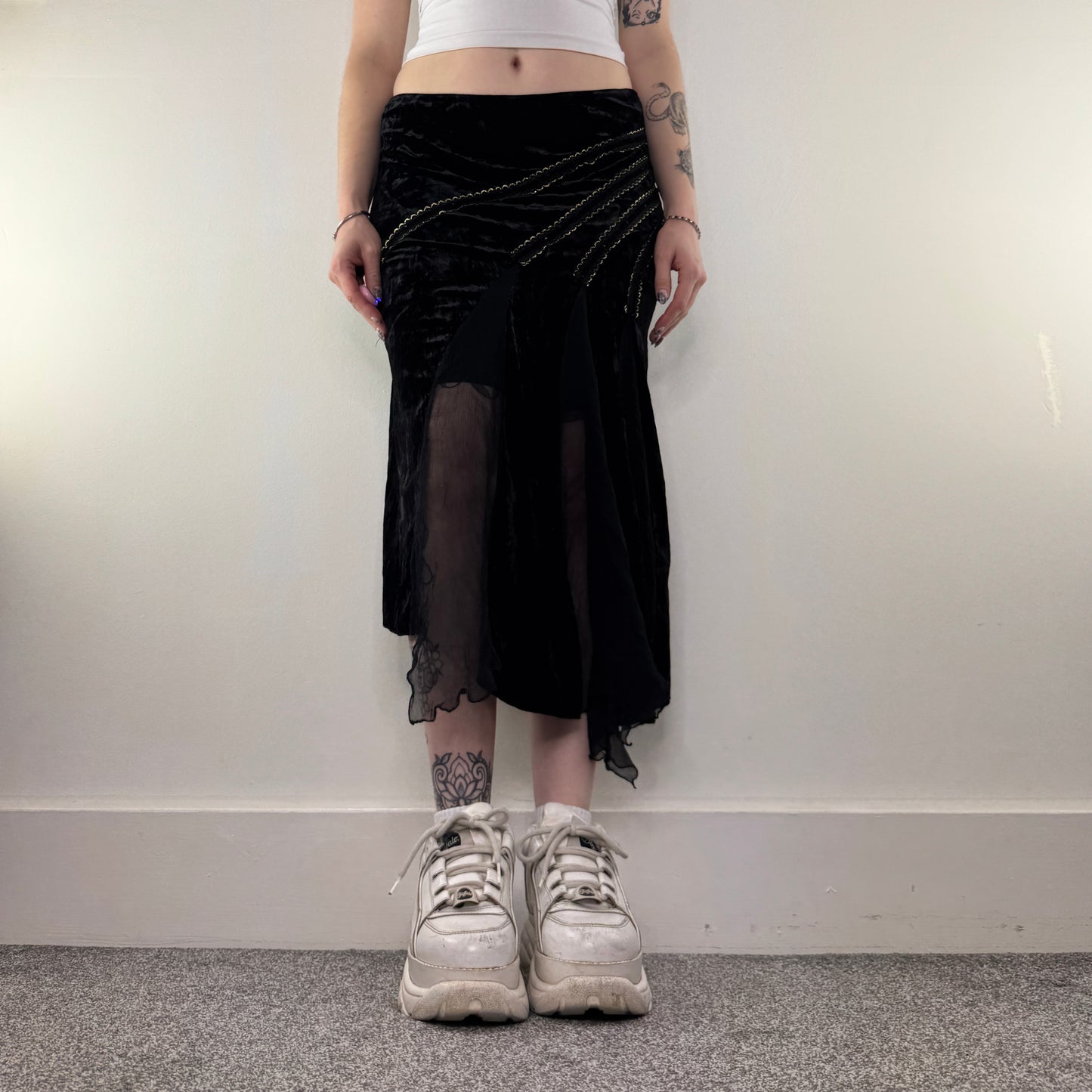 Y2K vintage asymmetrical mesh velvet midi skirt