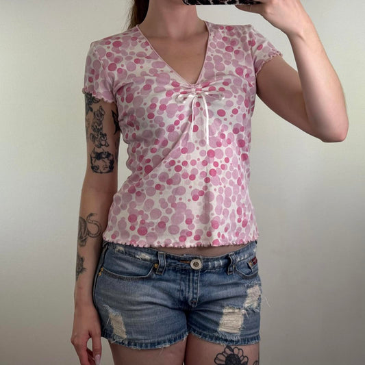 Y2K vintage polka top t shirt top v neck ruched bow short sleeve lettuce hem
