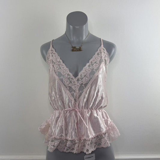 Vintage coquette satin lace trim lingerie top v neck frill strappy bow