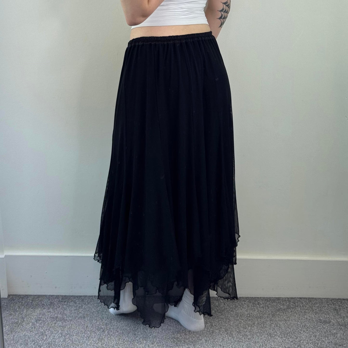 Y2K vintage mesh fishnet overlay maxi skirt lettuce asymmetrical hem stretchy