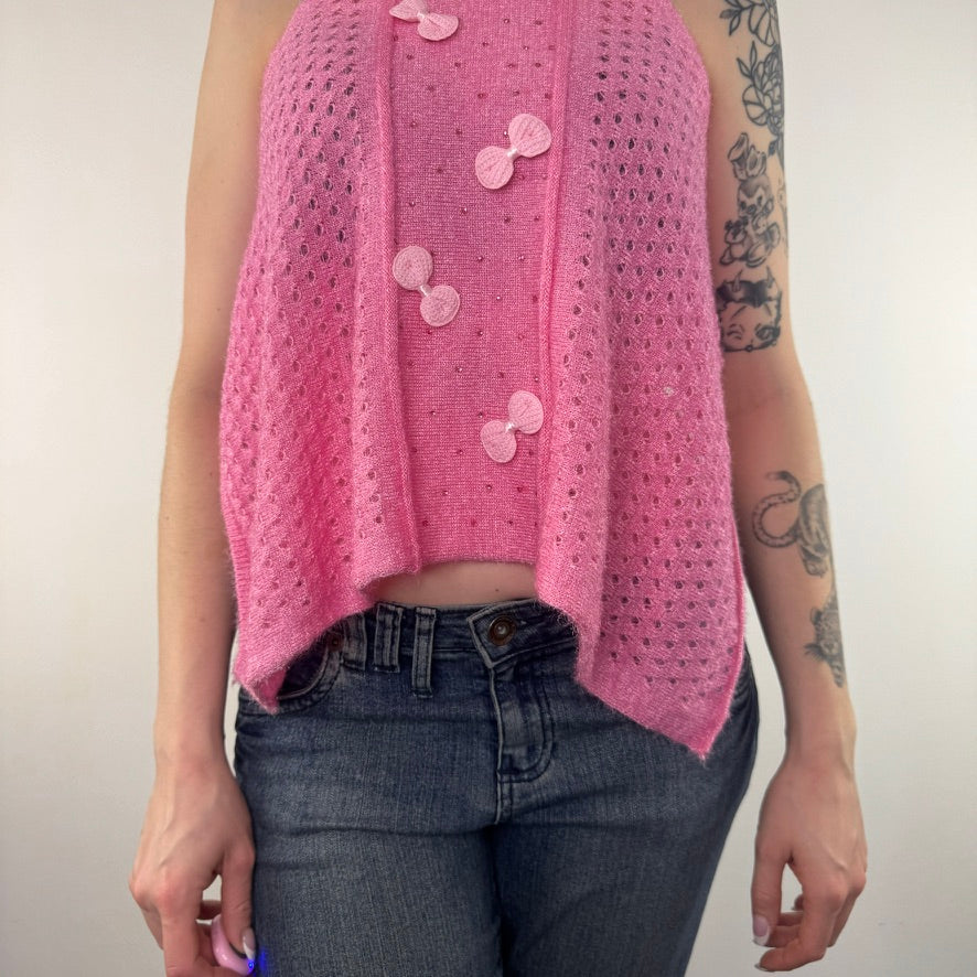 Y2K vintage knit bow rhinestone floaty top
