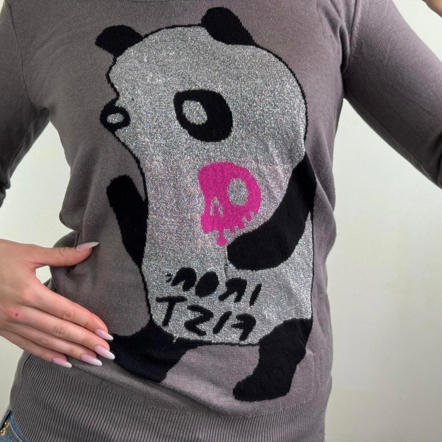 Y2K vintage Iron Fist panda fine knit jumper sparkly graphic print cute