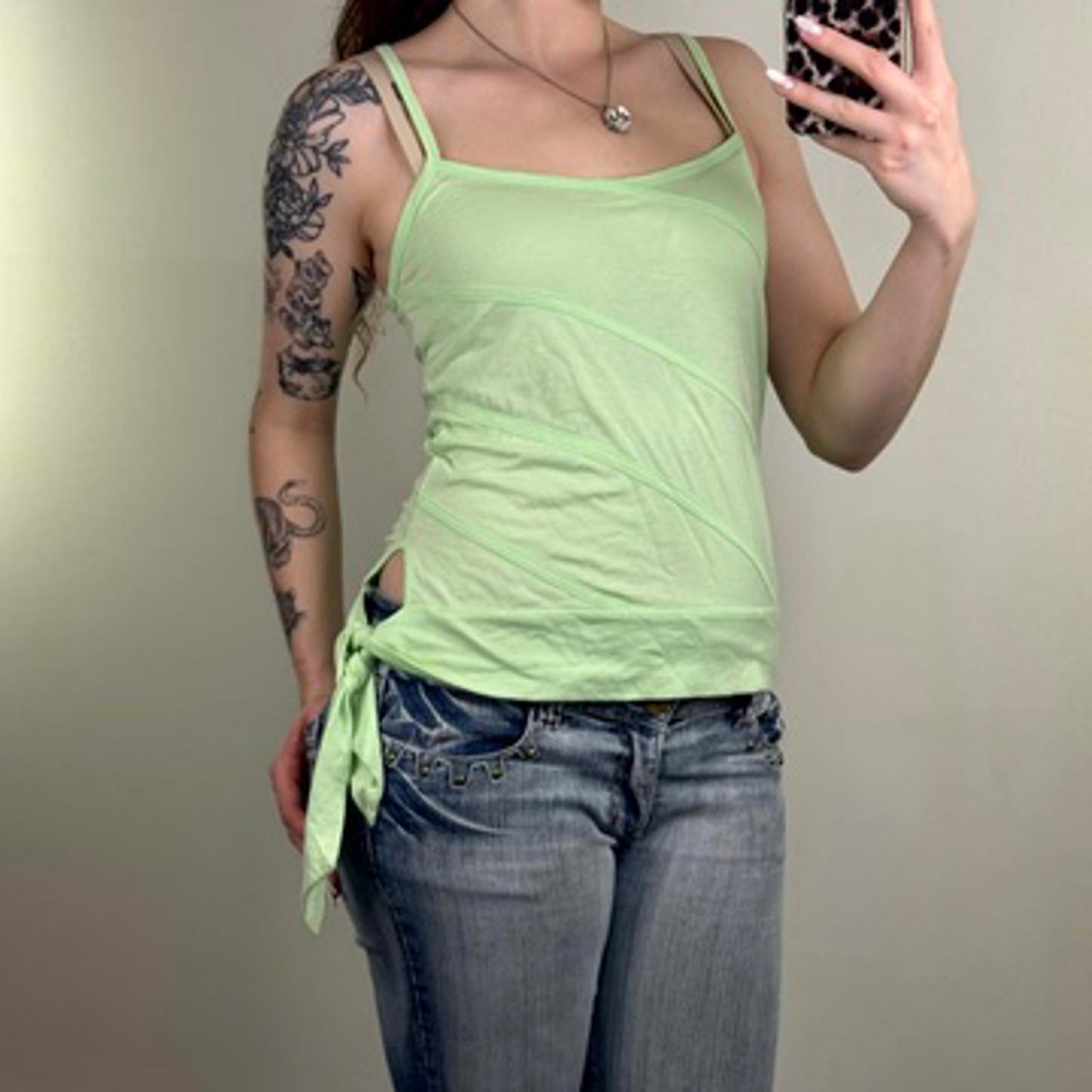 Y2K vintage strappy cami top keyhole bow light green stripe racer back