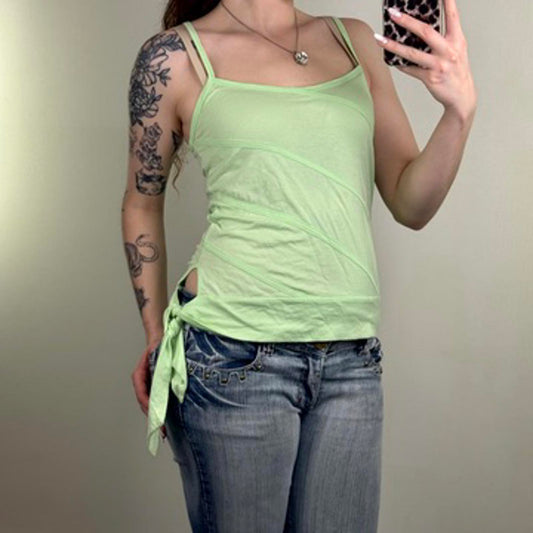 Y2K vintage strappy cami top keyhole bow light green stripe racer back