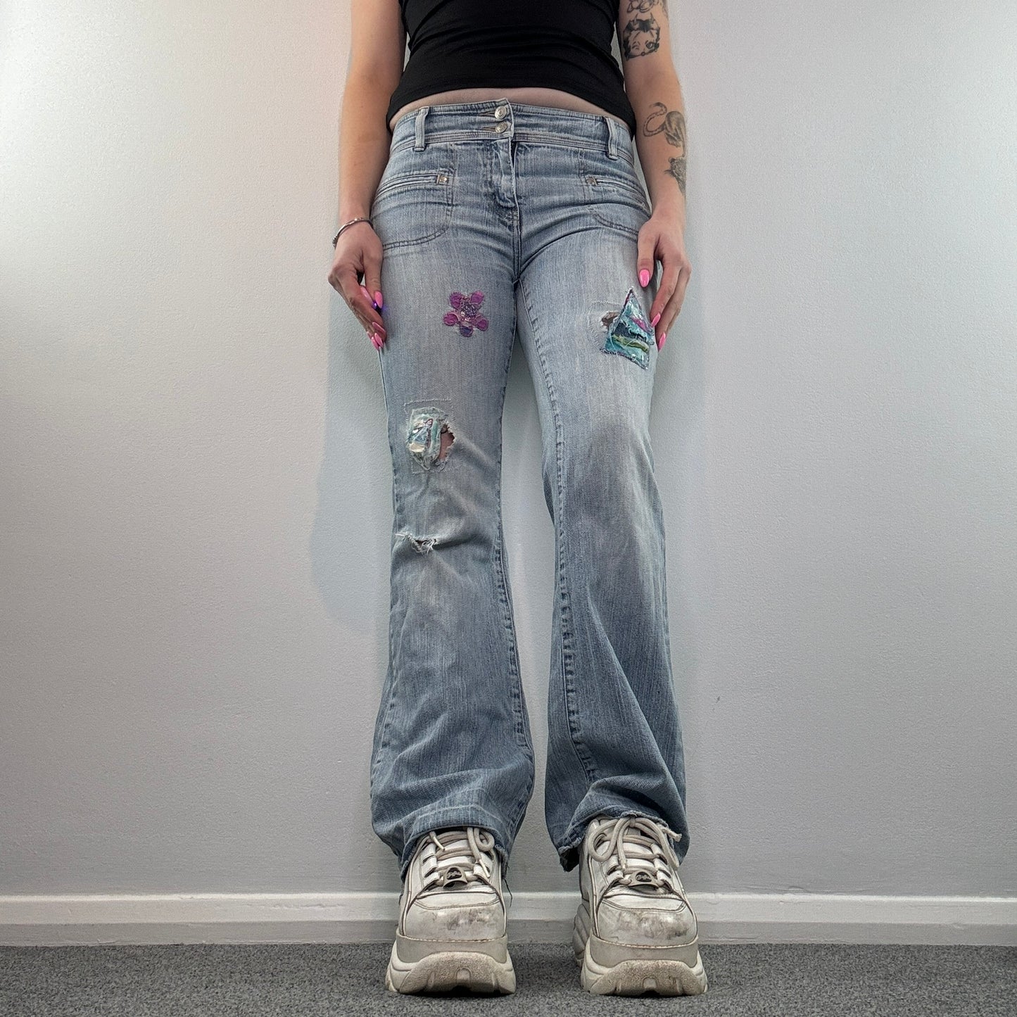 Y2K low rise bootcut patches jeans