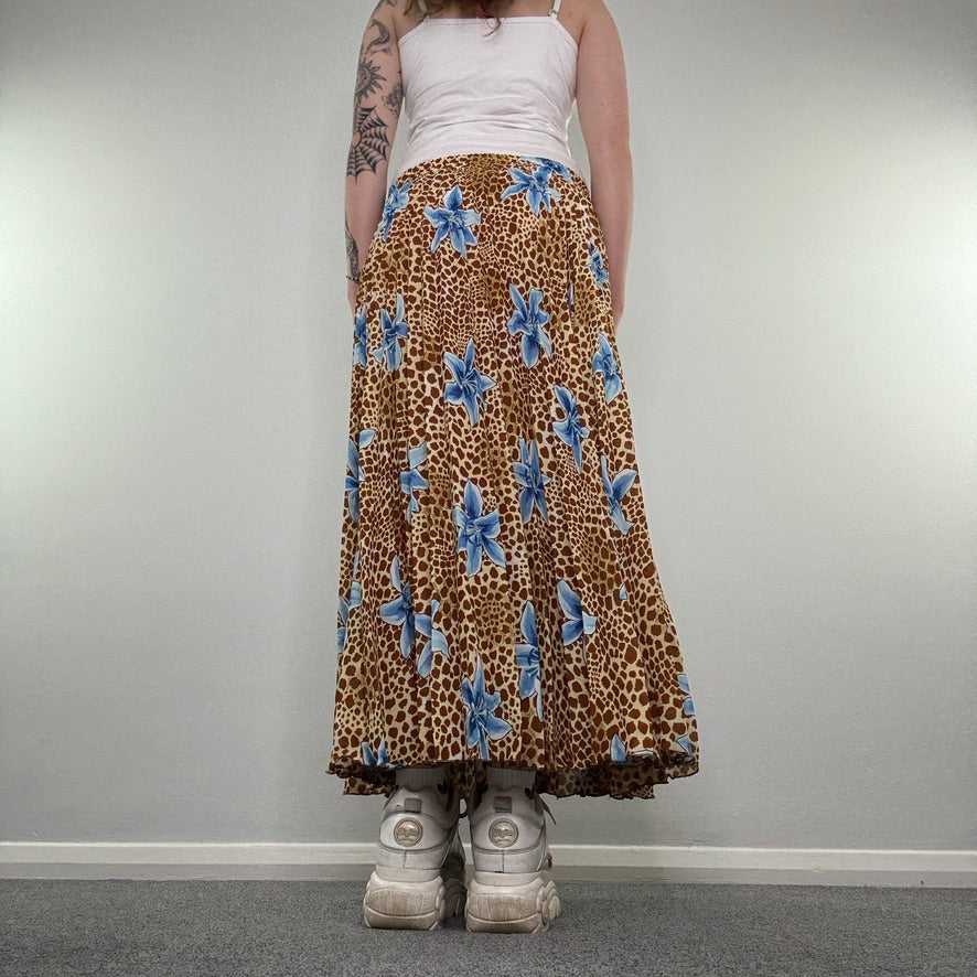 Y2K vintage pleated giraffe floral lily print maxi skirt