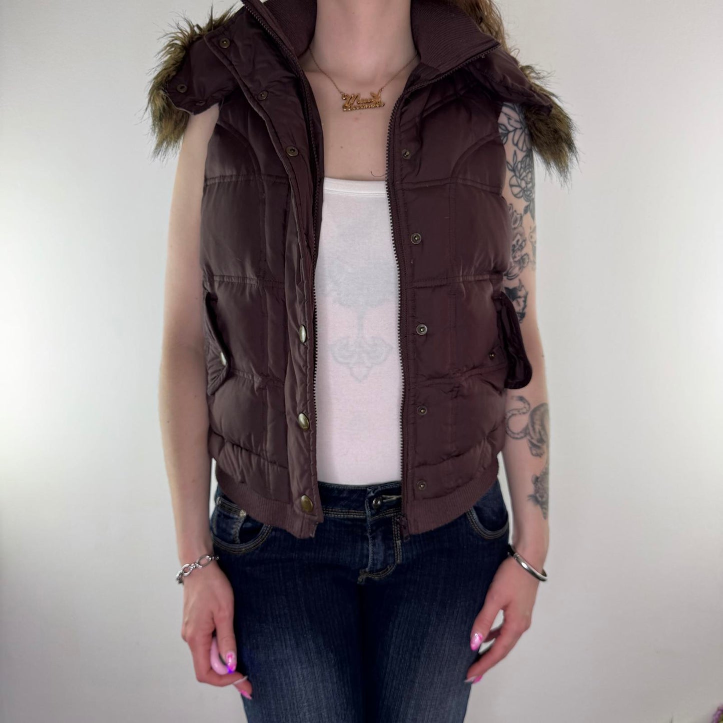 Y2K vintage padded faux fur trim gilet body warmer zip up feather down mcbling