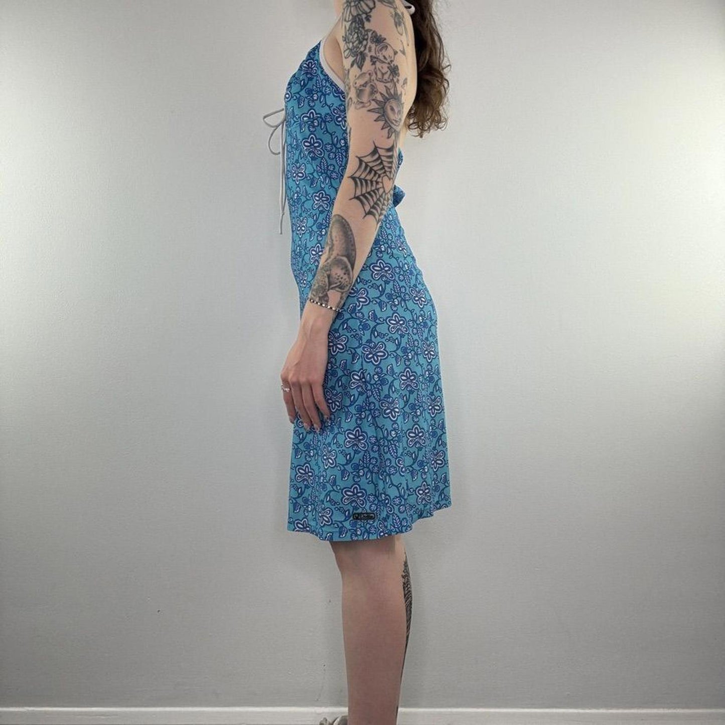 Y2K vintage swim cover up dress halter neck floral pattern midi bow a line