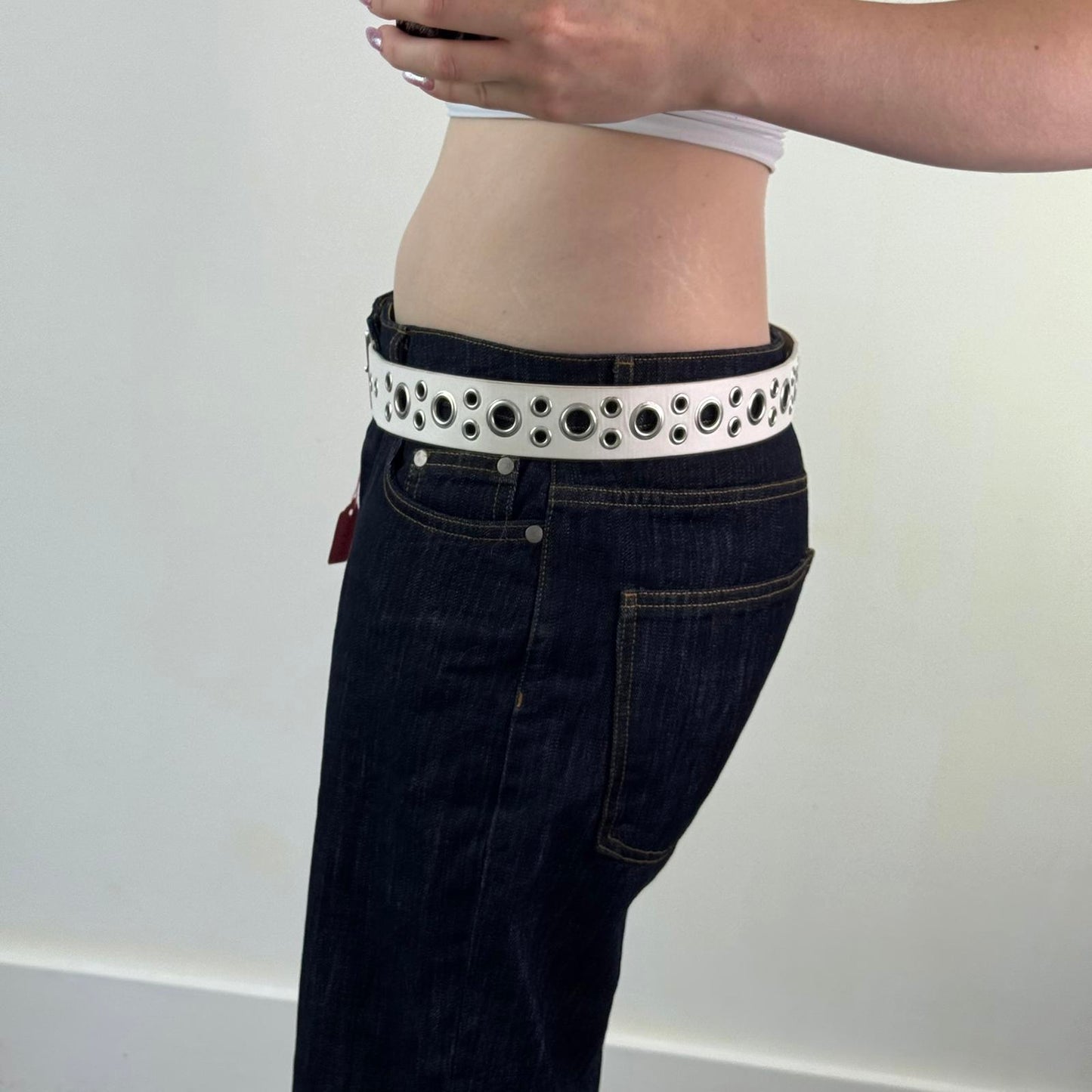 Y2K vintage faux leather grommet belt silver buckle white square buckle