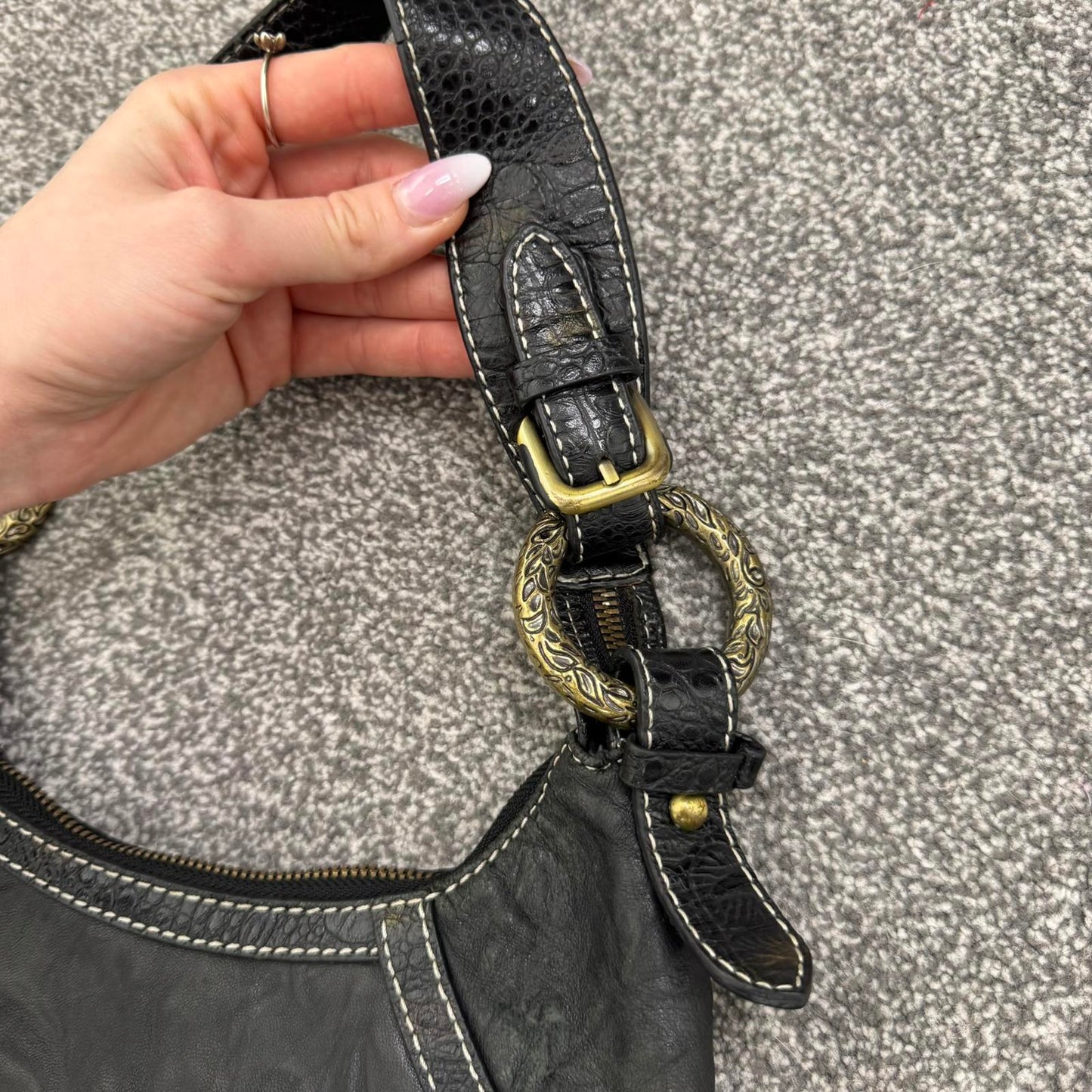 Y2K vintage genuine leather shoulder bag butter soft fringe charm hobo slouchy