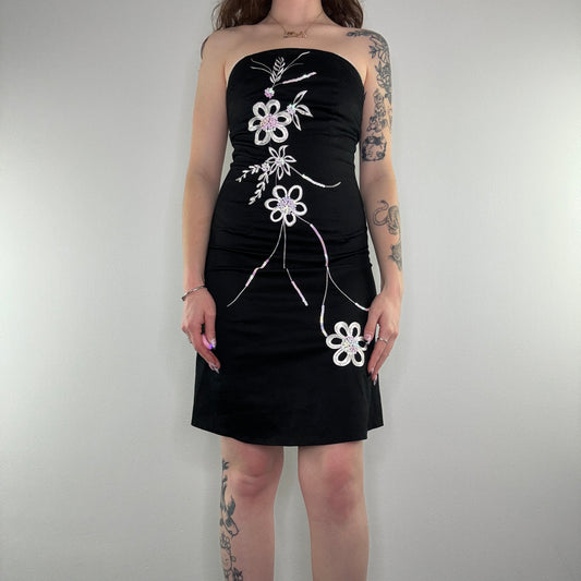 Y2K floral sequin strapless midi dress