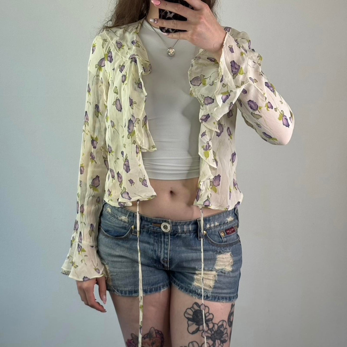 Y2K vintage Oasis floral cropped frilly cardigan tie back bow frill wraparound