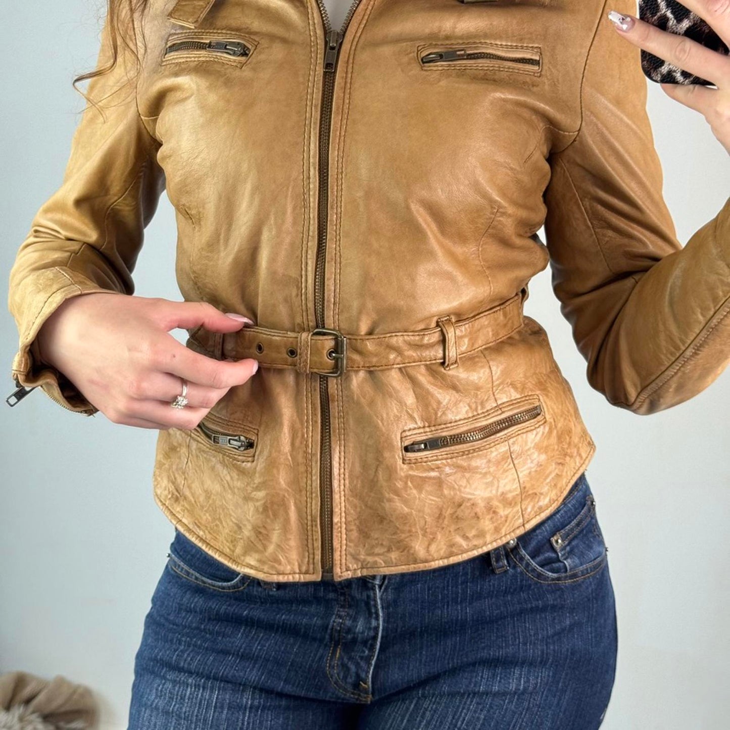 Y2K vintage genuine leather real fur trim collar zip up fitted jacket