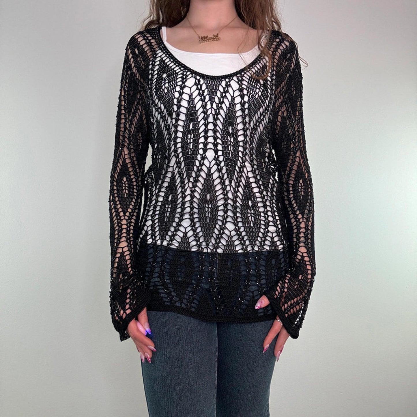 Y2K vintage crochet flared long sleeve top round neck sheer beaded black