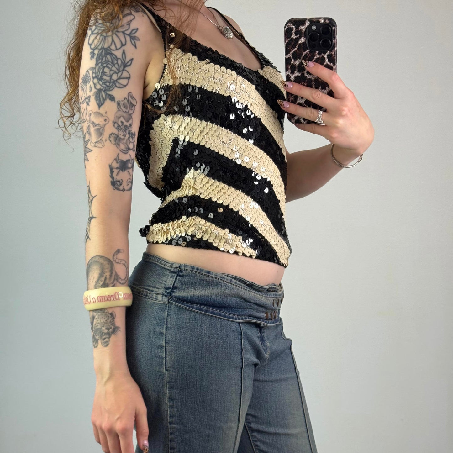 Y2K vintage sequin stripe cami top round neck crochet knit strappy festival