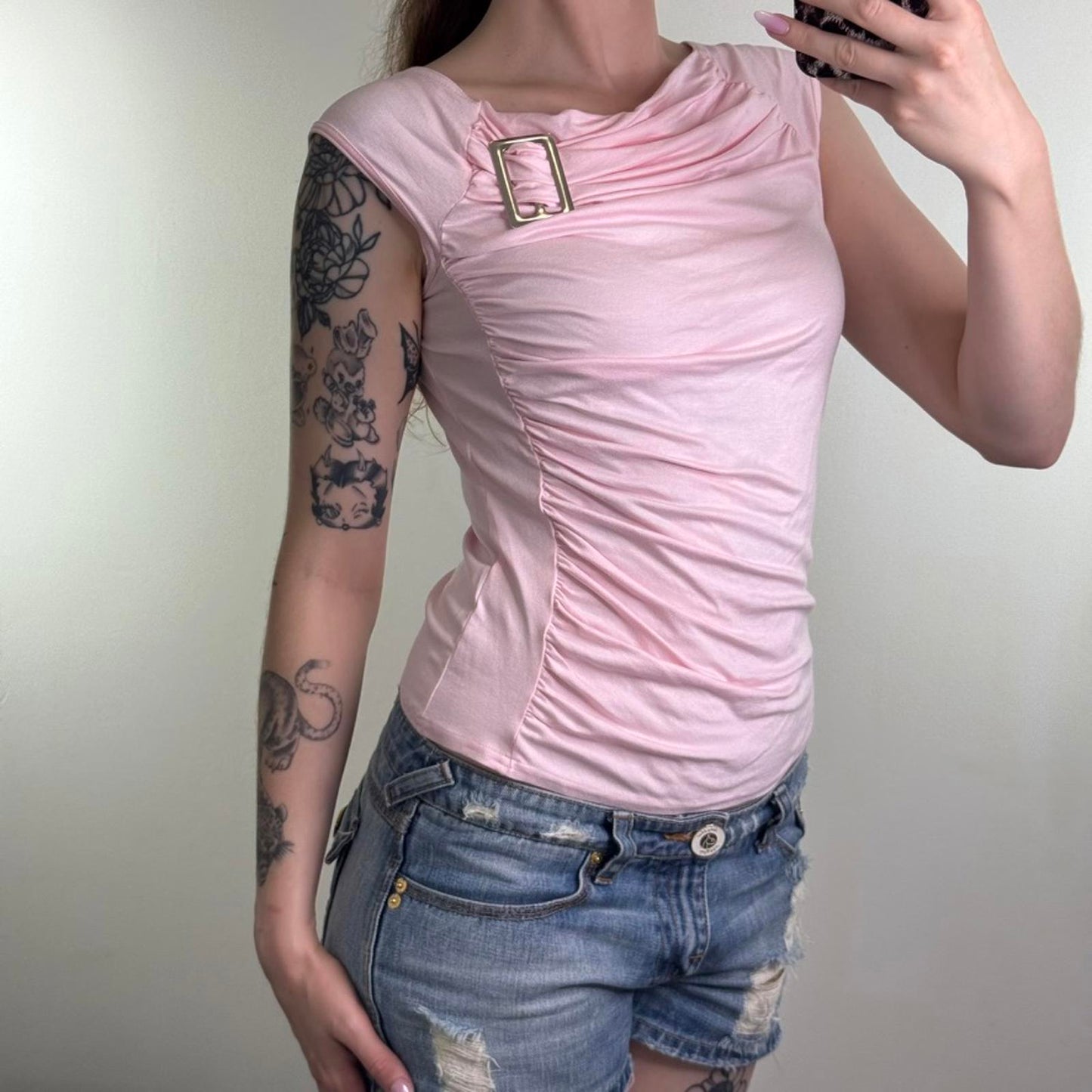 Y2K vintage ruched tank top buckle baby pink stretchy cowl neck