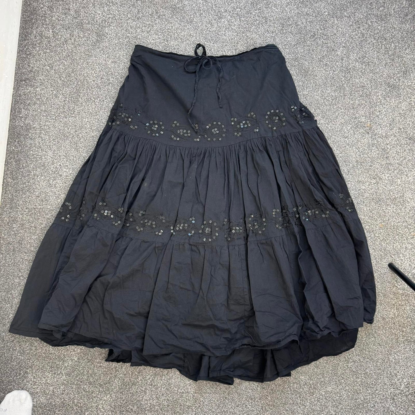 Y2K vintage boho maxi skirt sequin a line drawstring embroidery lightweight