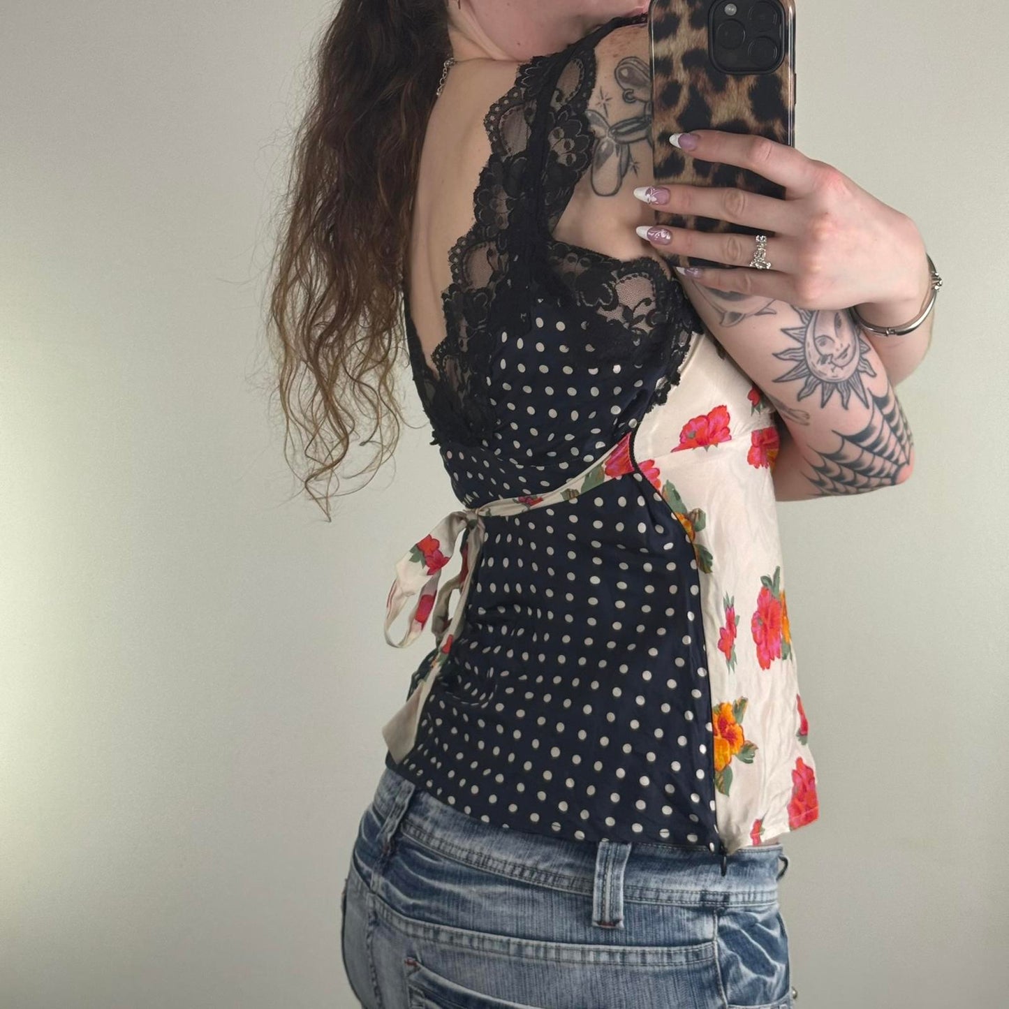 Y2K vintage silk blouse sleeveless floral polka dot lace trim adjustable bow