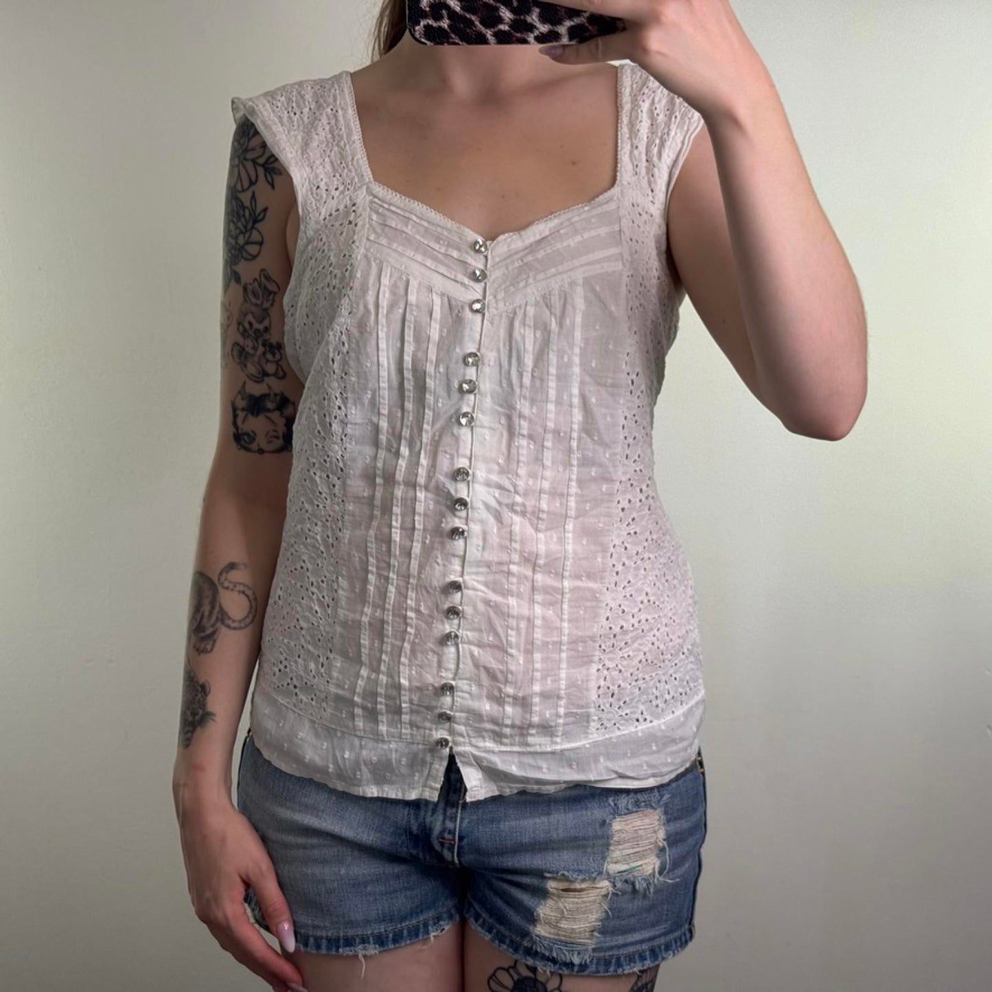 Y2K vintage button up blouse broderie anglaise rhinestone stripe polka dot sheer