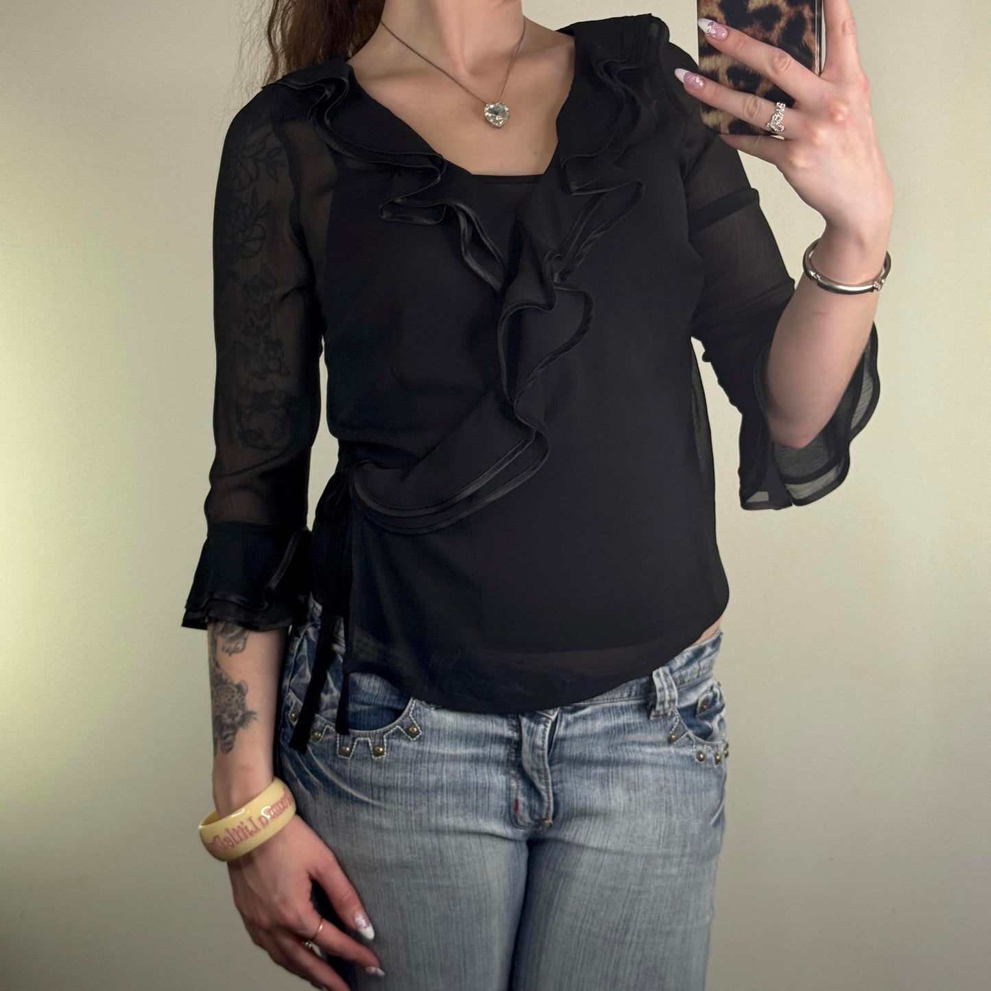 Y2K vintage blouse 3/4 sleeve sheer wrap ruffle with cami top v neck bow layered