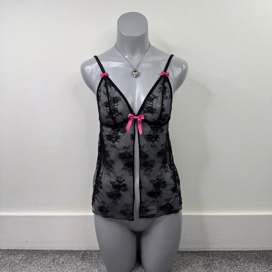 Y2K vintage lace sheer cami top babydoll open front sheer bow floral strappy
