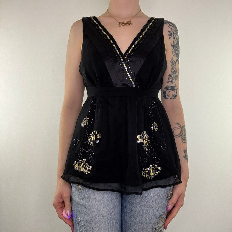 Y2K vintage silk top beaded floral embellished v neck sequin cinched satin trim