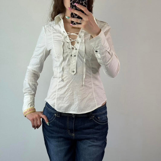 2011 Karen Millen fitted stretchy lace up bust shirt blouse long sleeve white