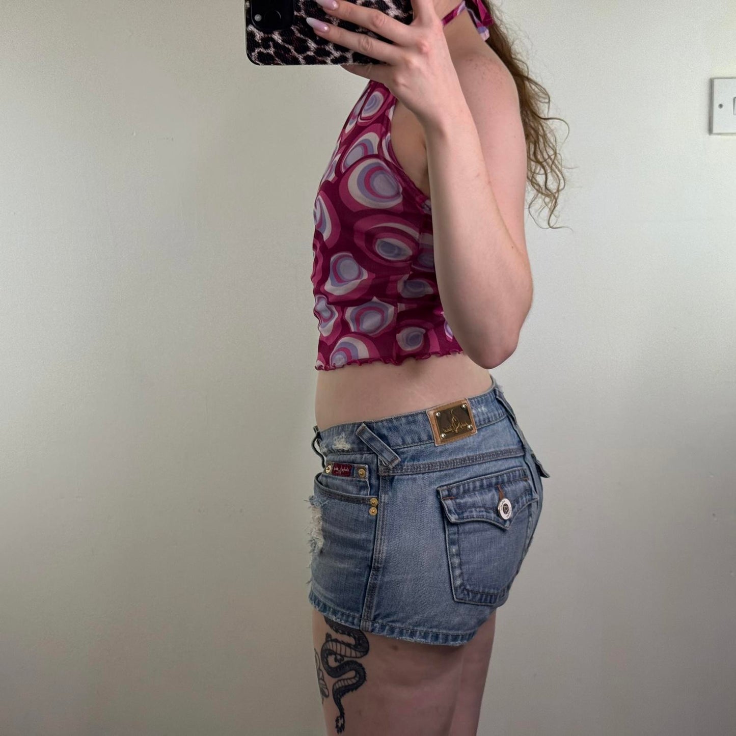 90s Y2K vintage mesh halter neck top double layer abstract circle pattern print