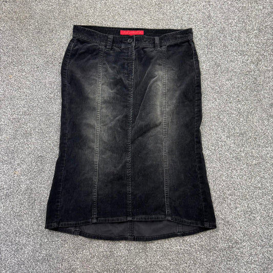 Y2K vintage FCUK corduroy midi skirt faded black wash curved hem