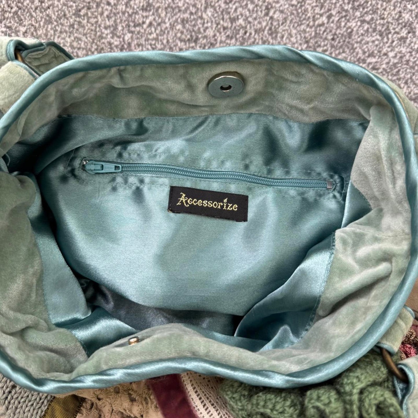 Y2K vintage patchwork shoulder bag crochet knit lace floral velour pastel multi